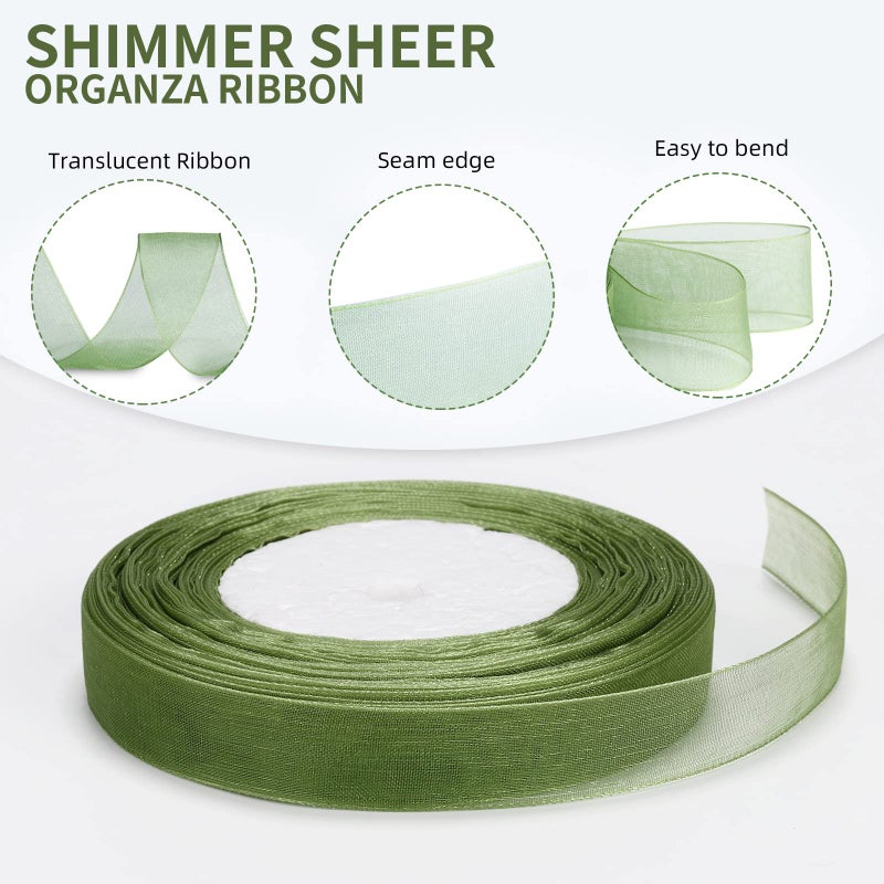 molshine 50 Yards x 5/8 Inch Shimmer Sheer Organza Ribbon,Chiffon Fabric Ribbons for Bouquets Garland,Bowknot,Wedding,Gift Wrapping,Hair,Crafts,Decoration (Green, 5/8") - Image 3